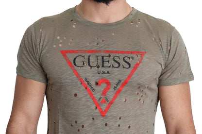 Brown Cotton Stretch Logo Print Men Casual Perforated T-shirt Guess