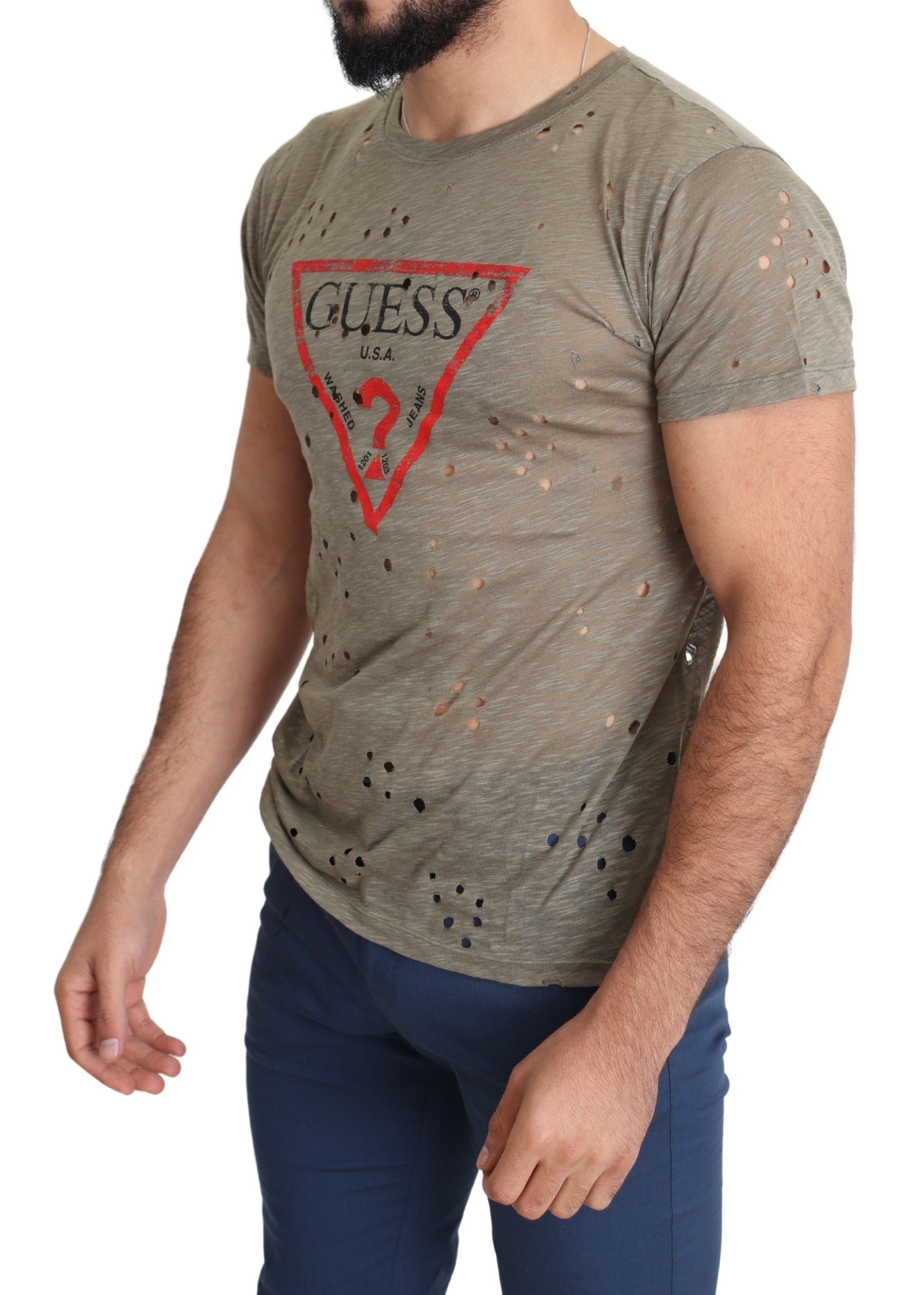 Brown Cotton Stretch Logo Print Men Casual Perforated T-shirt Guess