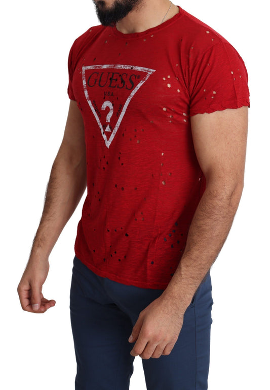 Red Cotton Logo Print Men Casual Top Perforated T-shirt Guess