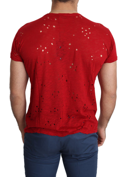 Red Cotton Logo Print Men Casual Top Perforated T-shirt Guess