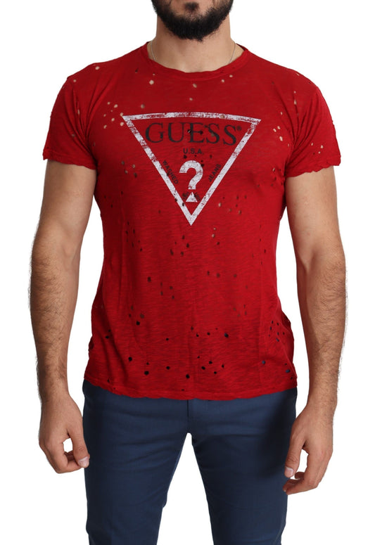 Red Cotton Logo Print Men Casual Top Perforated T-shirt Guess