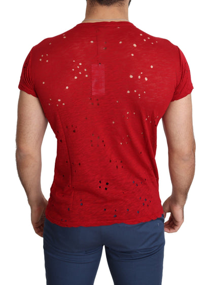 Red Cotton Logo Print Men Casual Top Perforated T-shirt Guess