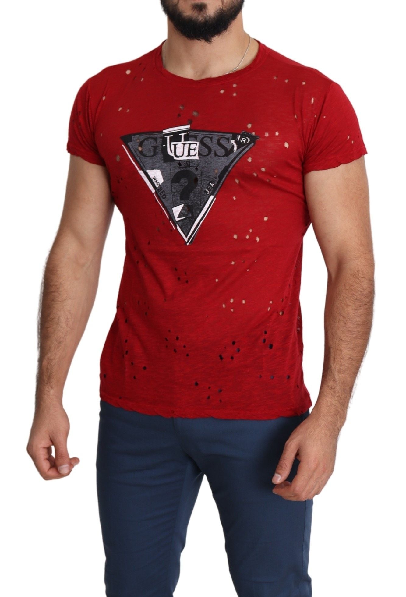 Red Cotton Logo Print Men Casual Top Perforated T-shirt Guess