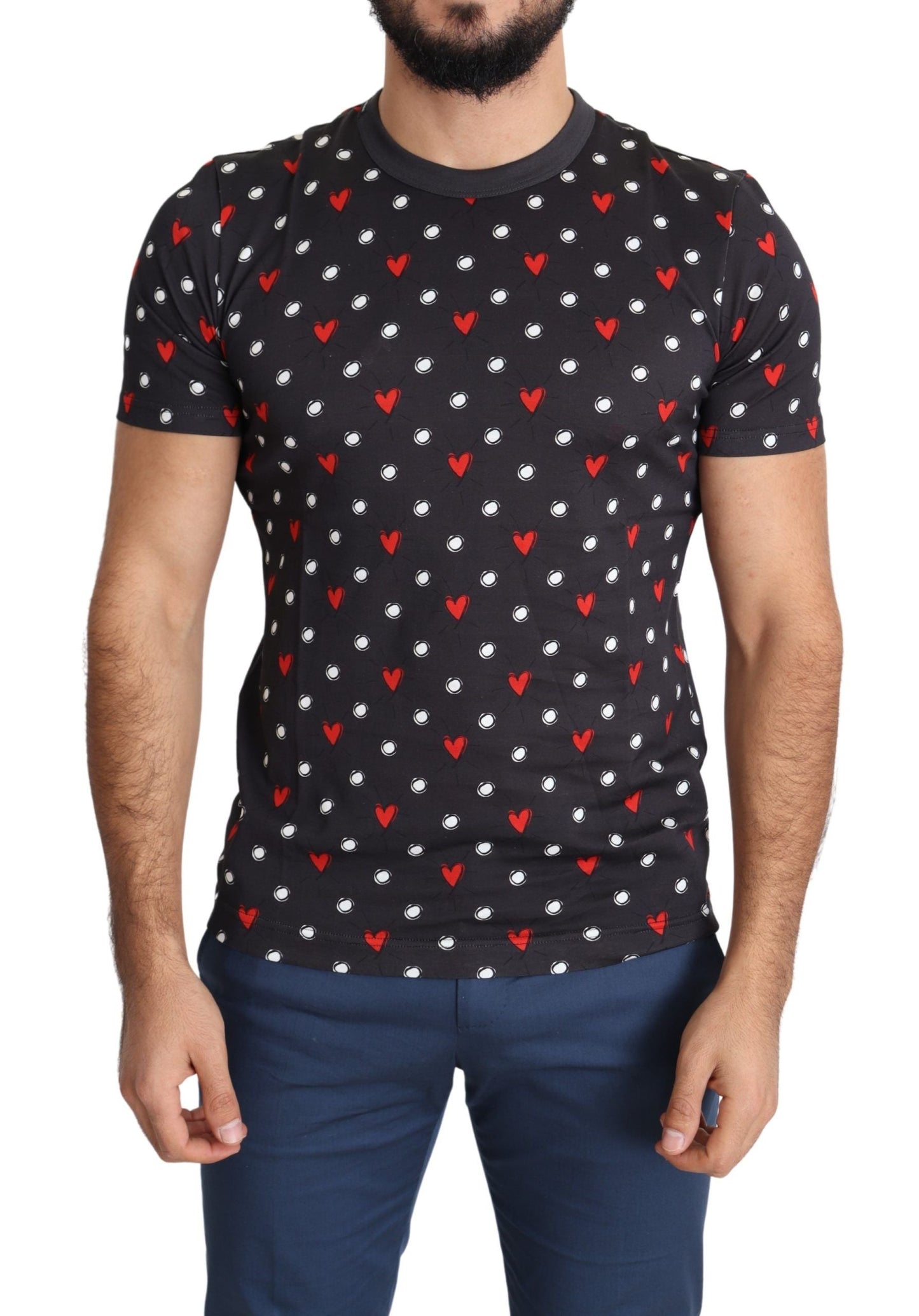 Dark Gray Hearts Print Cotton Men T-shirt Dolce & Gabbana