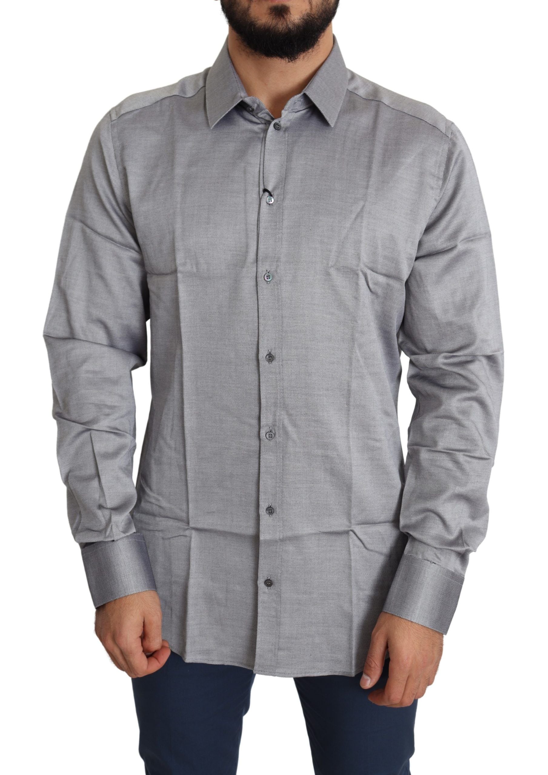 Gray Cotton Men Formal GOLD Dress Shirt Dolce & Gabbana