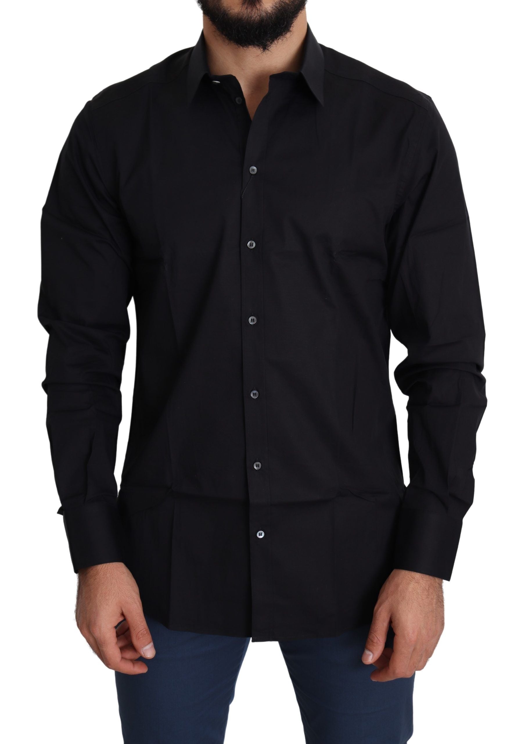 Black Cotton Stretch Formal GOLD Dress Shirt Dolce & Gabbana