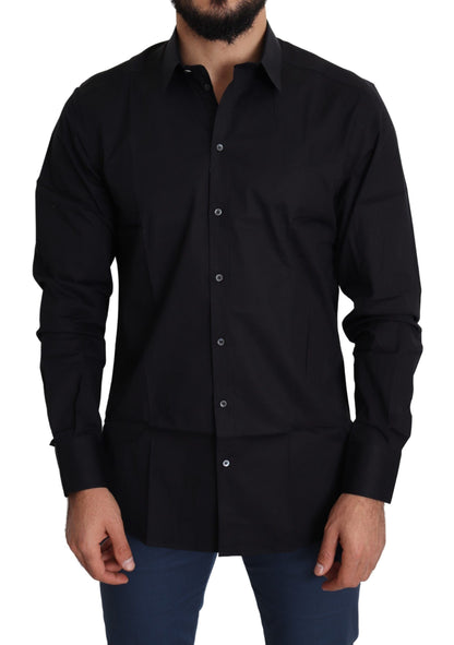 Black Cotton Stretch Formal GOLD Dress Shirt Dolce & Gabbana