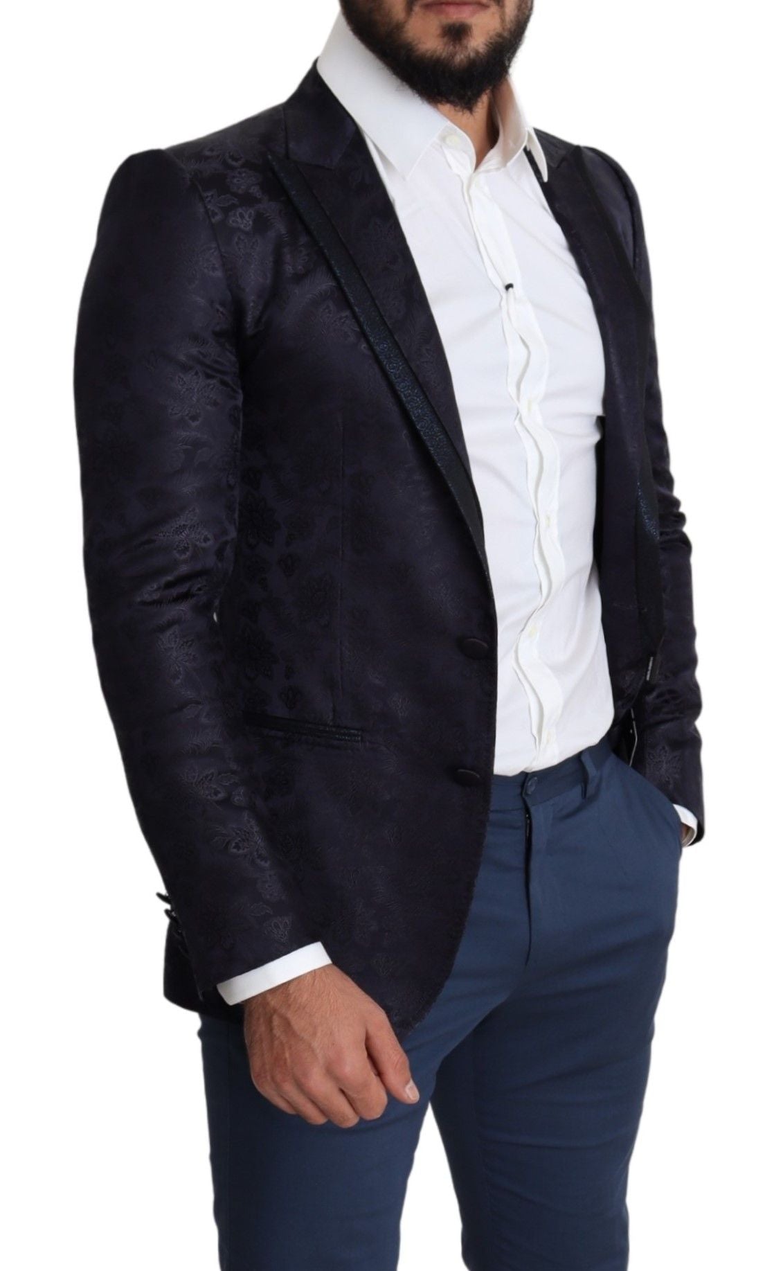 Blue Floral Jacquard Silk Coat MARTINI Blazer Dolce & Gabbana
