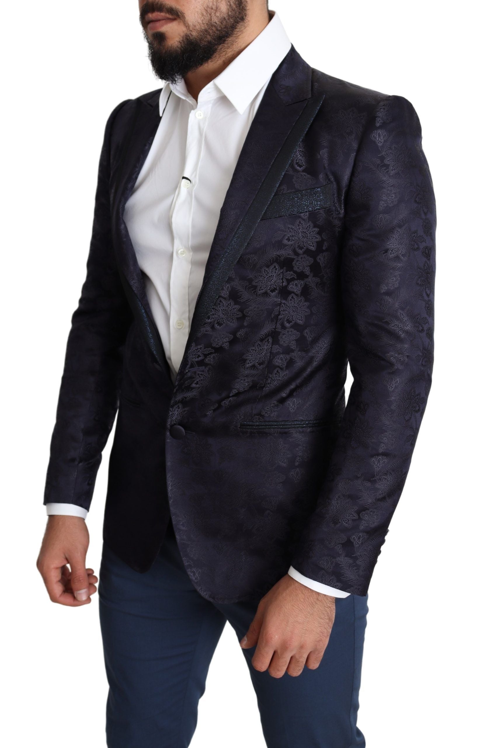 Blue Floral Jacquard Silk Coat MARTINI Blazer Dolce & Gabbana