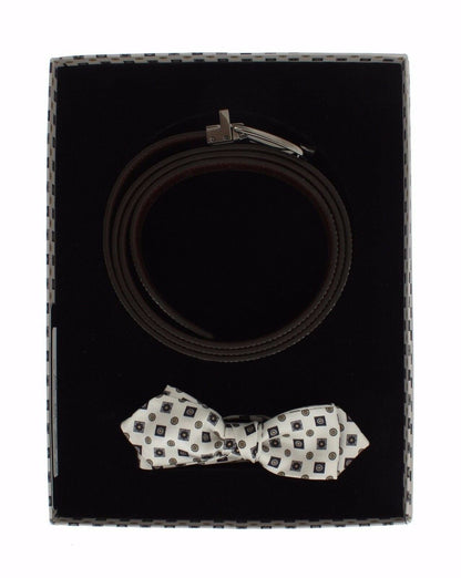 White Silk Bowtie Leather Men Belt Gift Box Dolce & Gabbana