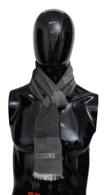 Gray Striped Wool Unisex Neck Wrap Fringes Scarf