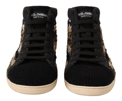 Beige Brown Wool Cotton High Top Sneakers