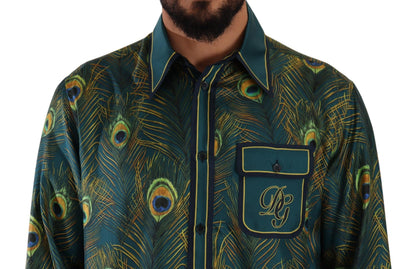 Peacock Feather Print Silk Pajama Mens Shirt