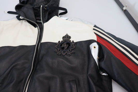 Black Leather Hooded Blouson Coat Jacket