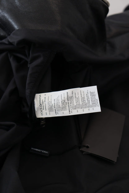 Black Leather Hooded Blouson Coat Jacket