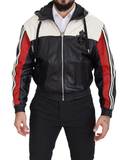 Black Leather Hooded Blouson Coat Jacket