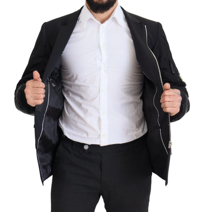 Black Wool Full Zip Long Sleeves Jacket