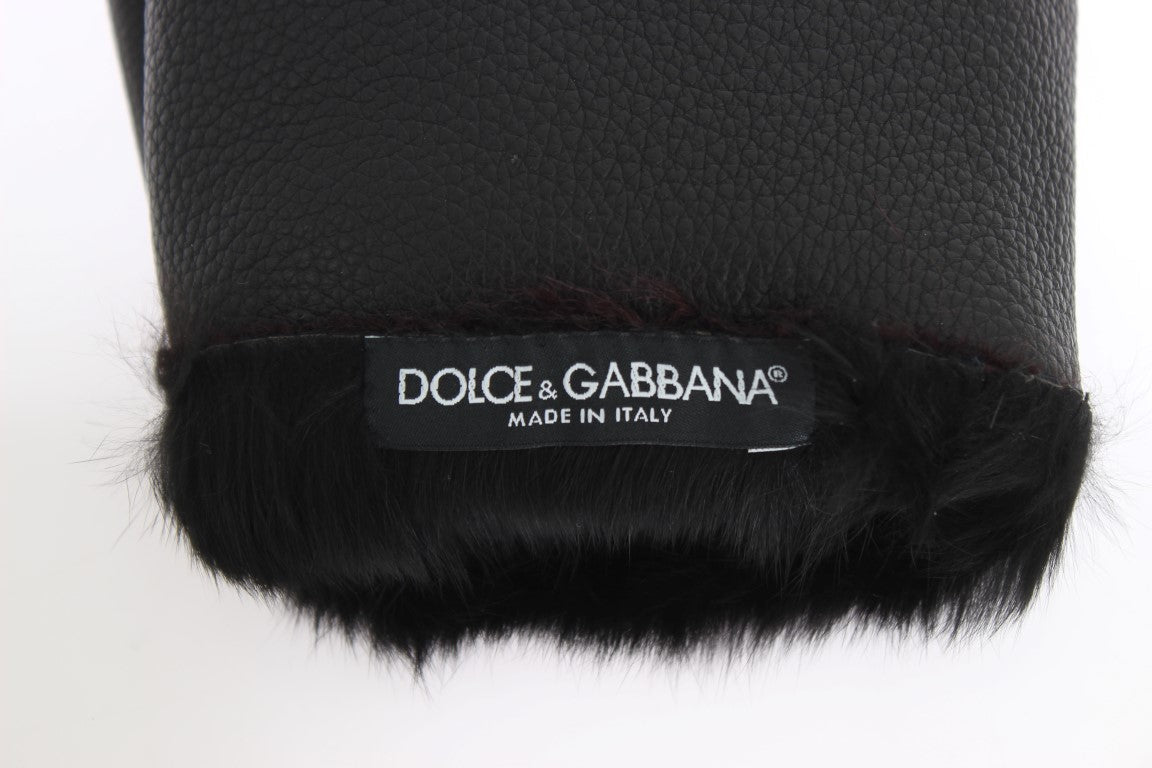 Black Leather Bordeaux Shearling Gloves Dolce & Gabbana