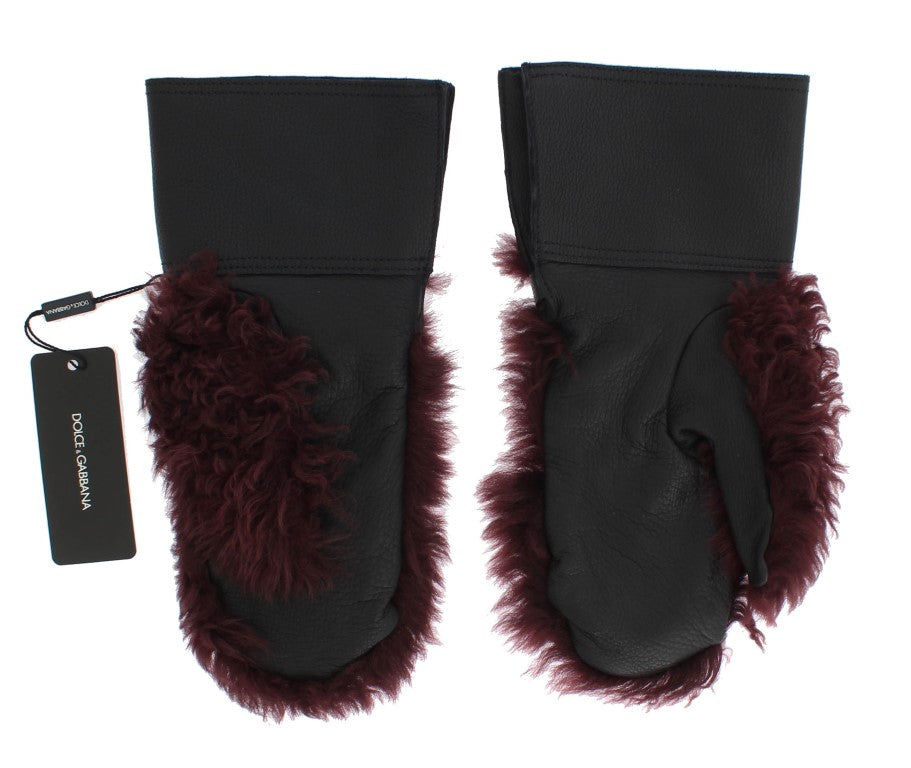 Black Leather Bordeaux Shearling Gloves Dolce & Gabbana
