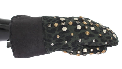 Gray Wool Shearling Studded Green Leopard Gloves Dolce & Gabbana