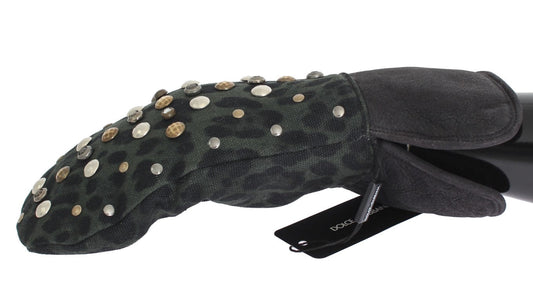Gray Wool Shearling Studded Green Leopard Gloves Dolce & Gabbana