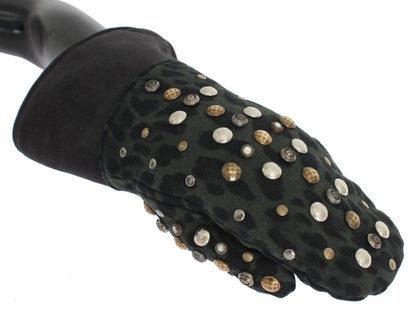 Gray Wool Shearling Studded Green Leopard Gloves Dolce & Gabbana