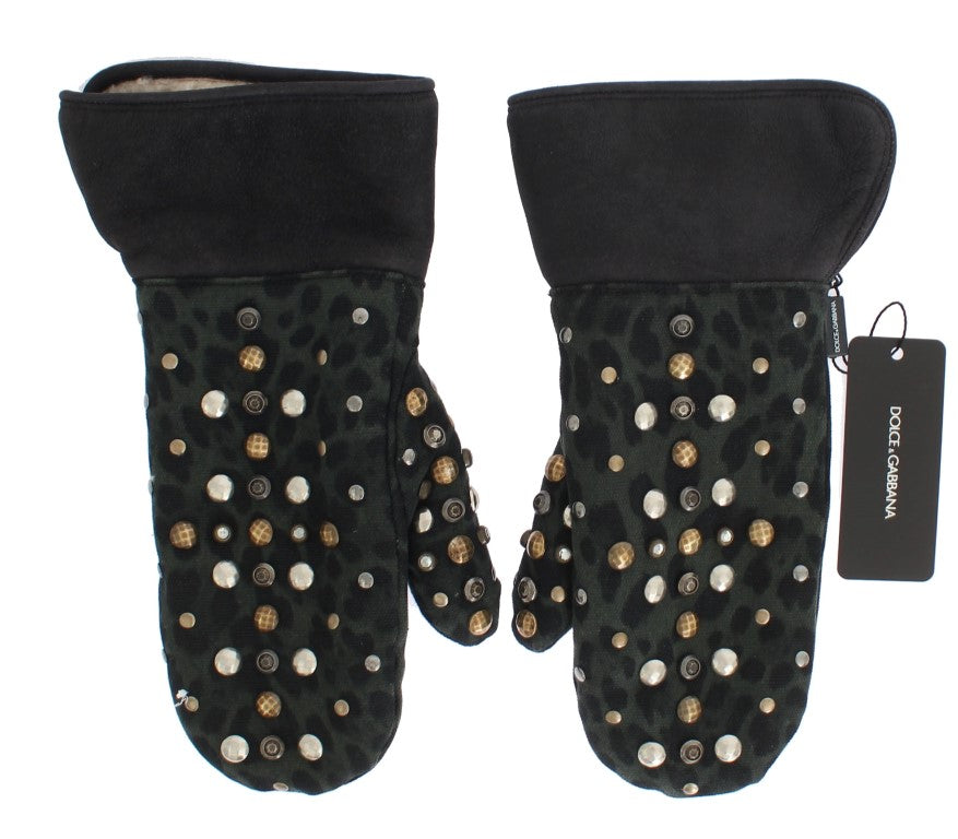 Gray Wool Shearling Studded Green Leopard Gloves Dolce & Gabbana
