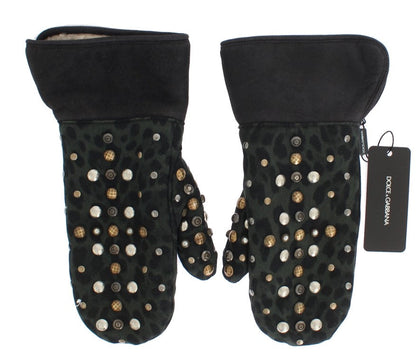 Gray Wool Shearling Studded Green Leopard Gloves Dolce & Gabbana