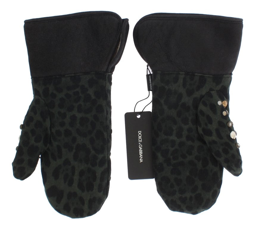 Gray Wool Shearling Studded Green Leopard Gloves Dolce & Gabbana