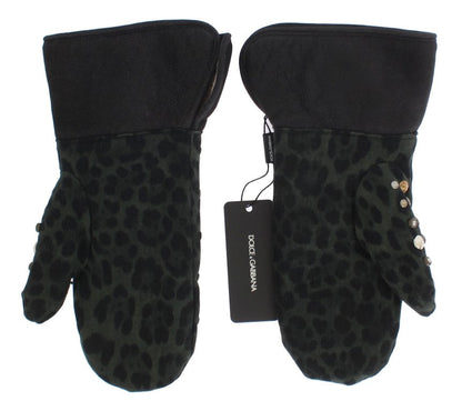 Gray Wool Shearling Studded Green Leopard Gloves Dolce & Gabbana