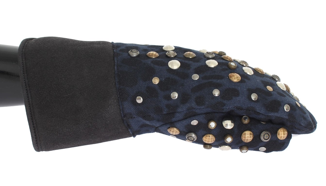 Gray Wool Shearling Studded Blue Leopard Gloves Dolce & Gabbana
