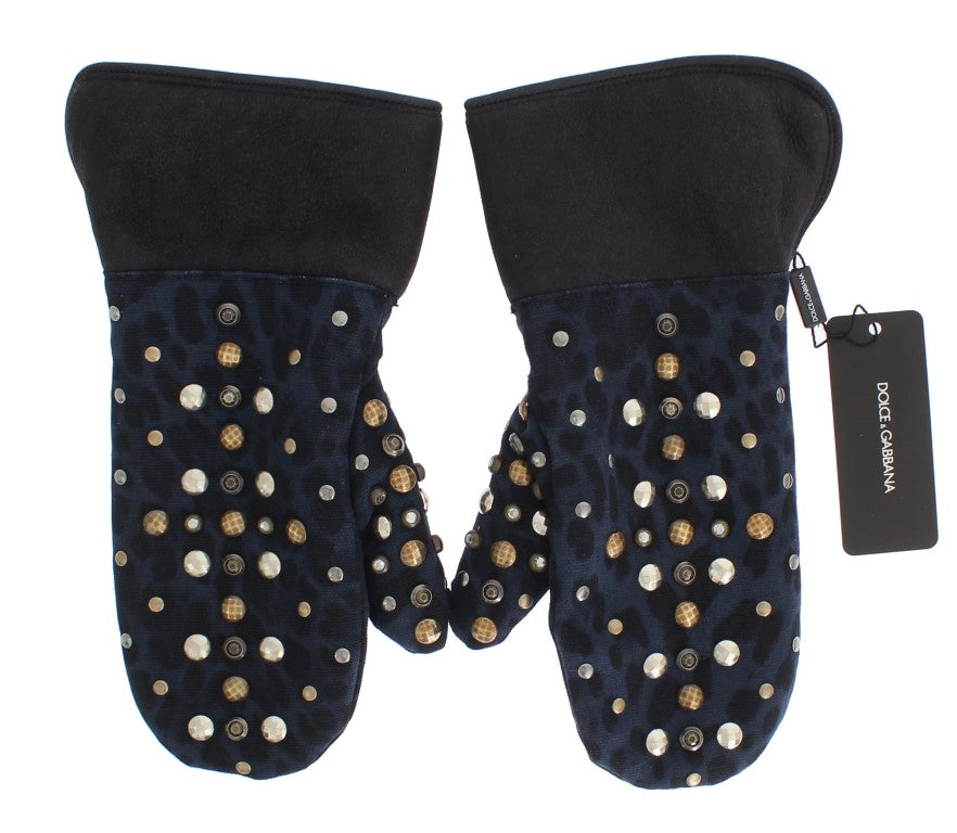 Gray Wool Shearling Studded Blue Leopard Gloves Dolce & Gabbana