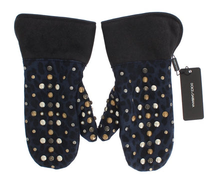 Gray Wool Shearling Studded Blue Leopard Gloves Dolce & Gabbana