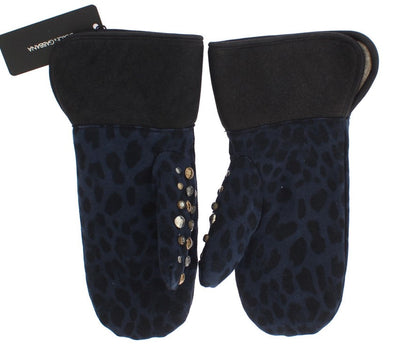 Gray Wool Shearling Studded Blue Leopard Gloves Dolce & Gabbana
