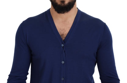 Blue Wool V-neck Button Down Cardigan Sweater