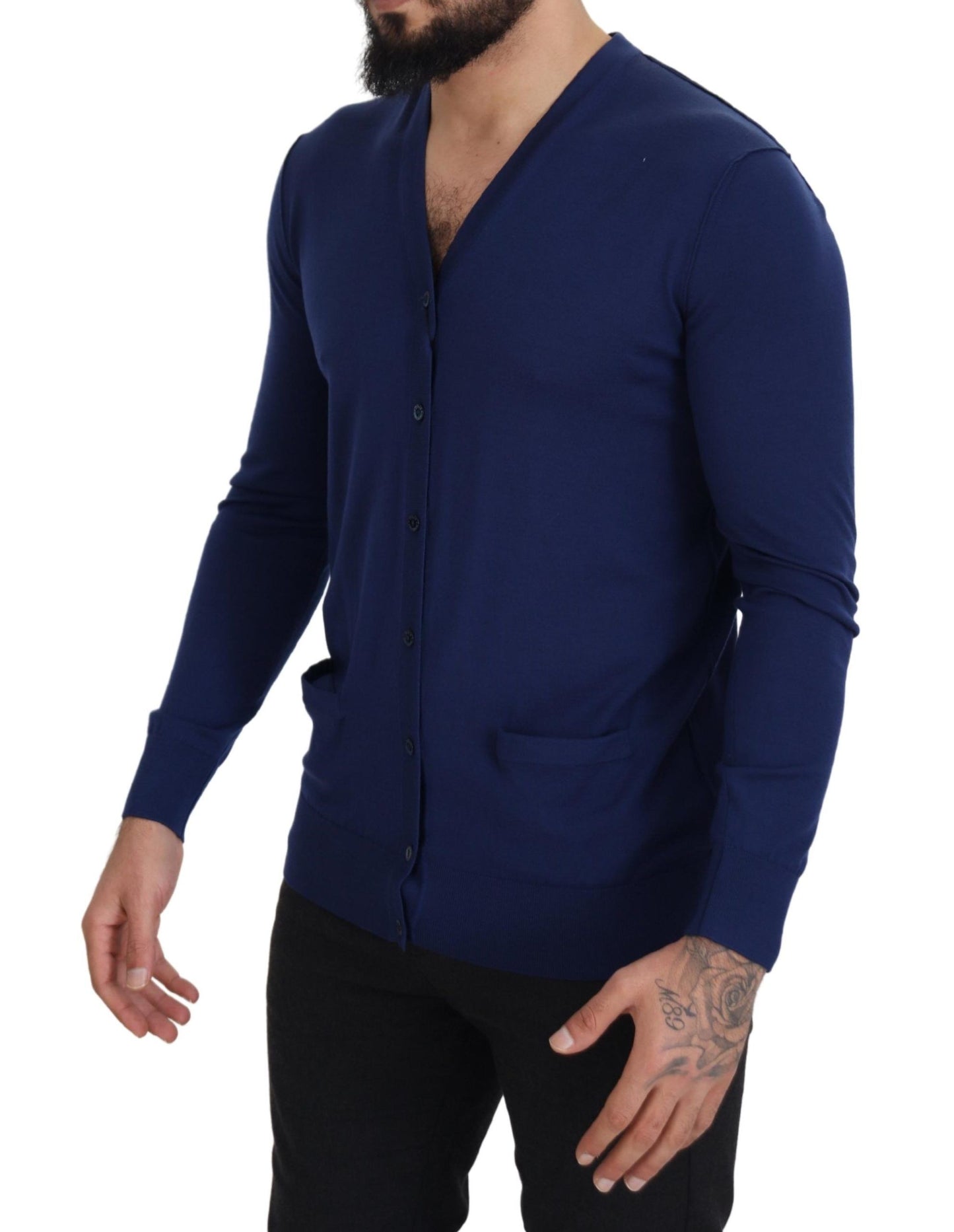 Blue Wool V-neck Button Down Cardigan Sweater