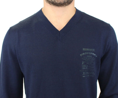 Blue Wool Blend V-neck Pullover Sweater Ermanno Scervino