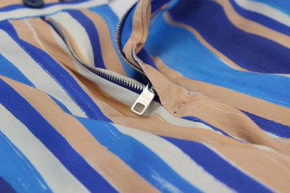 Blue Striped Silk Cotton Slim Trousers Pants