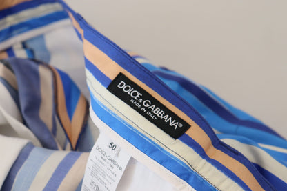 Blue Striped Silk Cotton Slim Trousers Pants