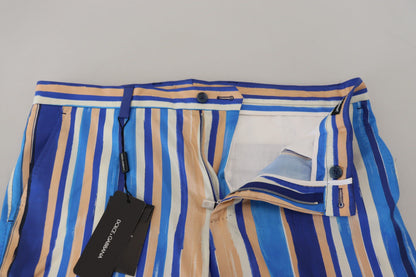 Blue Striped Silk Cotton Slim Trousers Pants