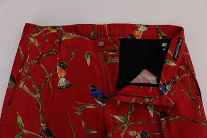 Red Silk Bird Print Dress Pants Dolce & Gabbana
