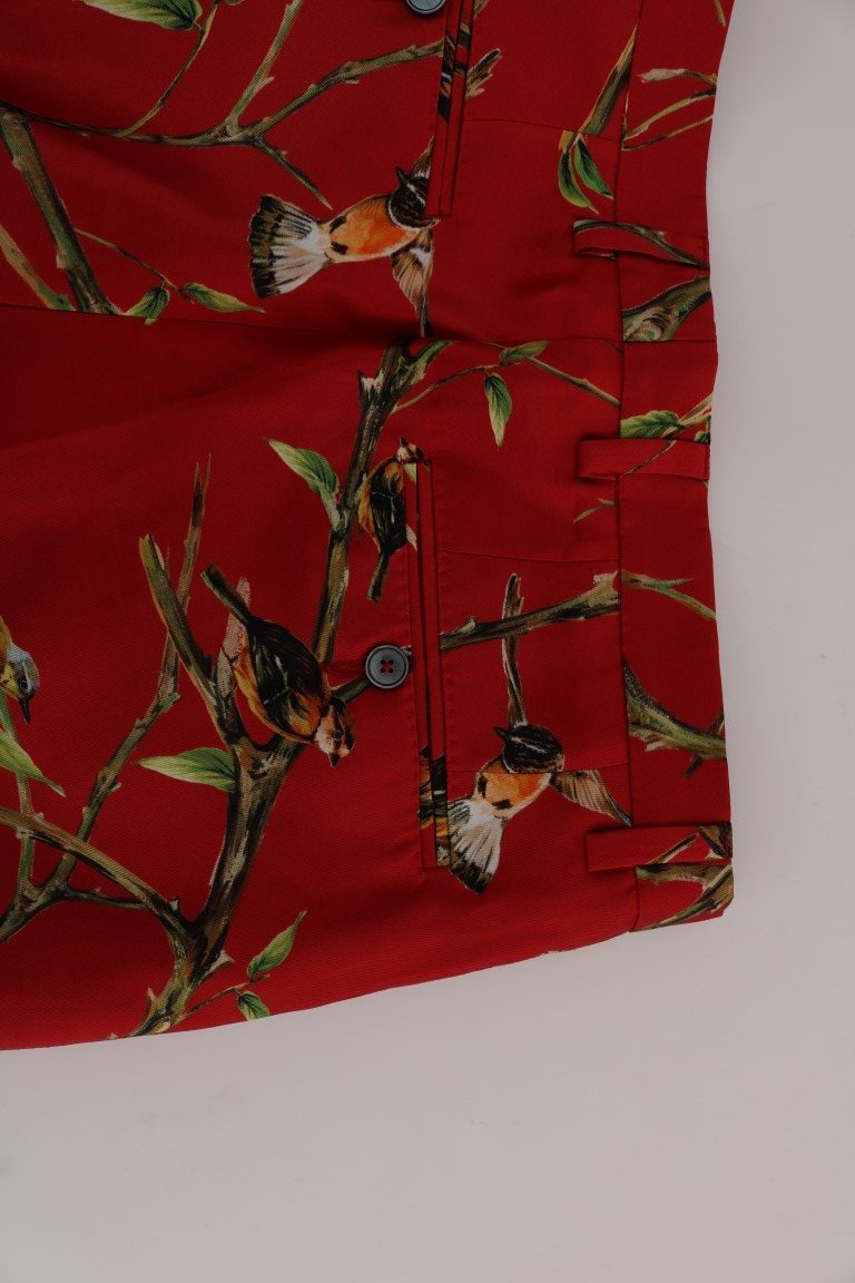 Red Silk Bird Print Dress Pants Dolce & Gabbana