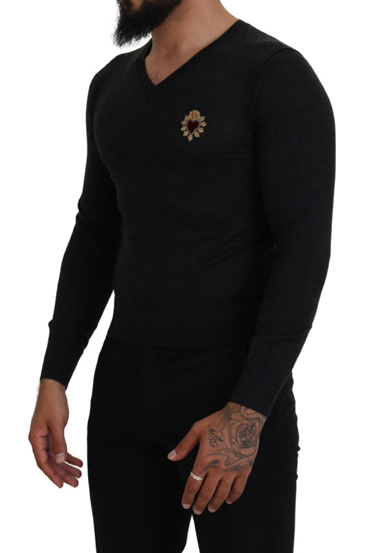 Gray Cashmere V-neck Gold Heart Sweater