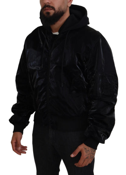 Black Nylon Hooded Full Zip Bomber Jacket