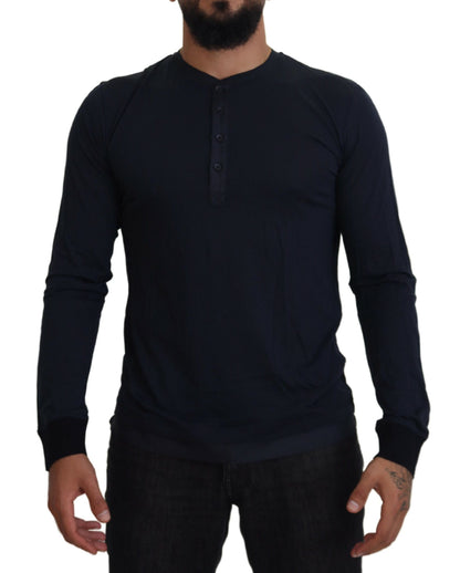 Blue Cotton Button Crewneck Pullover Sweater