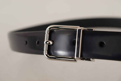 Black Calf Leather Silver Metal Logo Buckle Belt