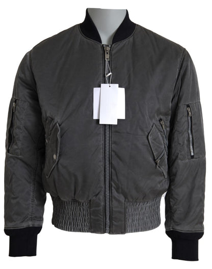 Gray Bomber Zipper Pocket Sleeves Jacket