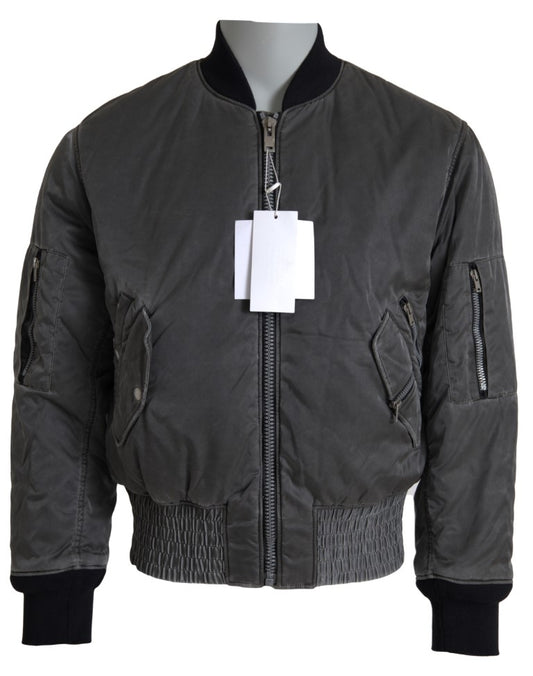 Gray Bomber Zipper Pocket Sleeves Jacket
