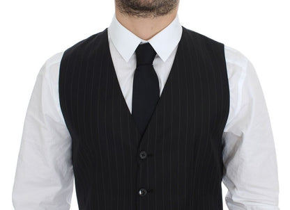 Black Striped Wool Silk Dress Vest Gilet Dolce & Gabbana