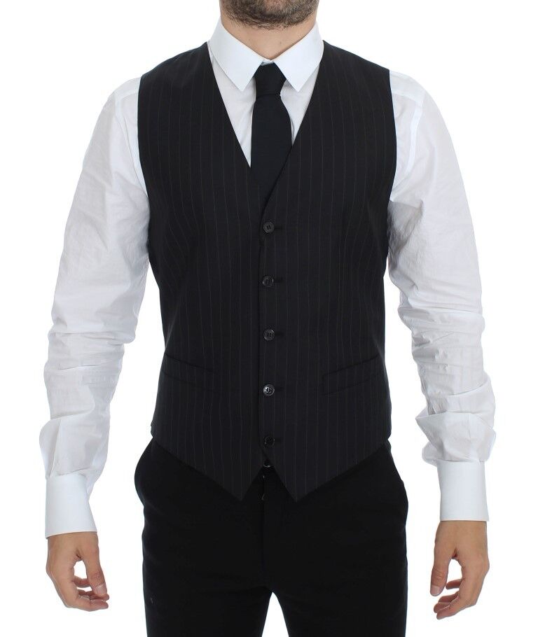 Black Striped Wool Silk Dress Vest Gilet Dolce & Gabbana